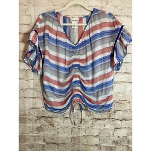 For The Republic Top Womens Medium Red White Blue Striped Ruched Ruffle Sleeve